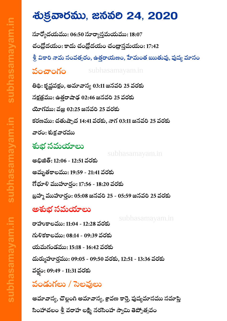 Telugu Panchangam 24 January 2020