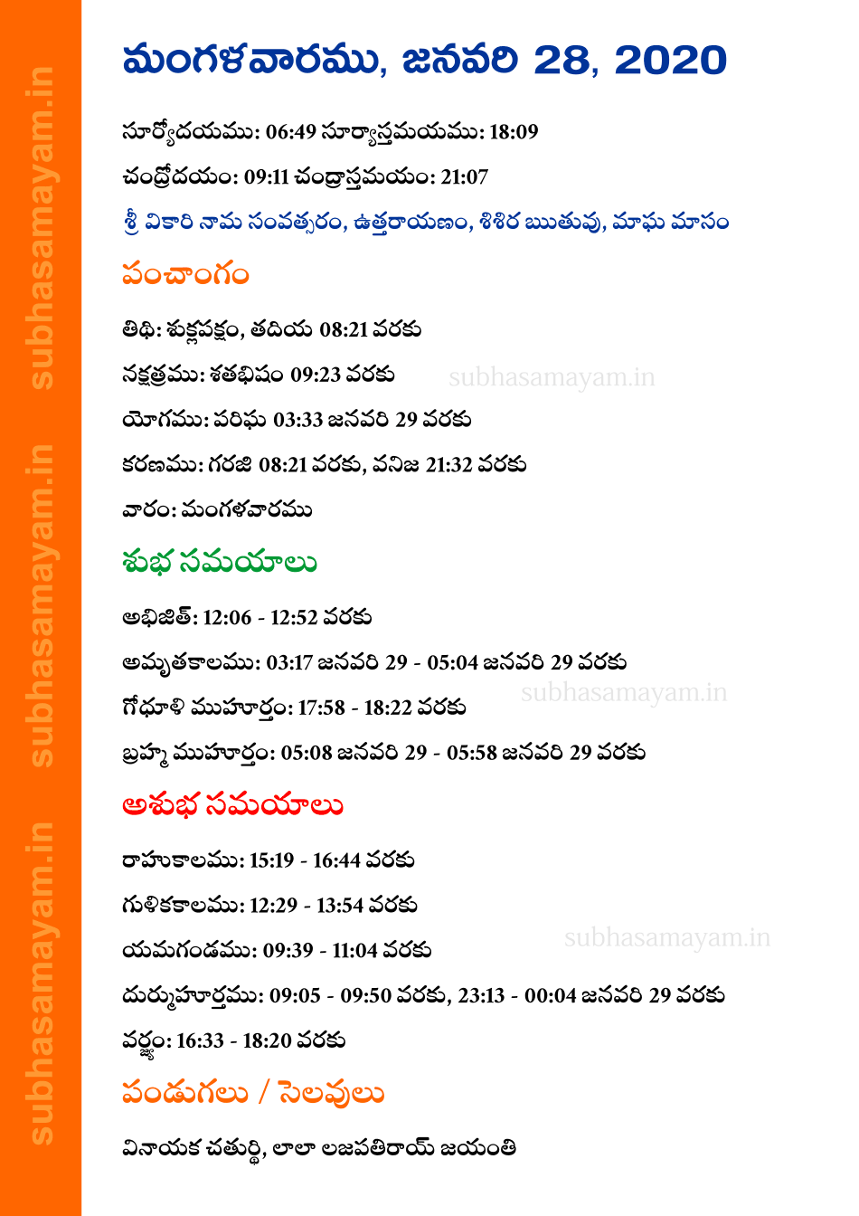 Telugu Panchangam 28 January 2020