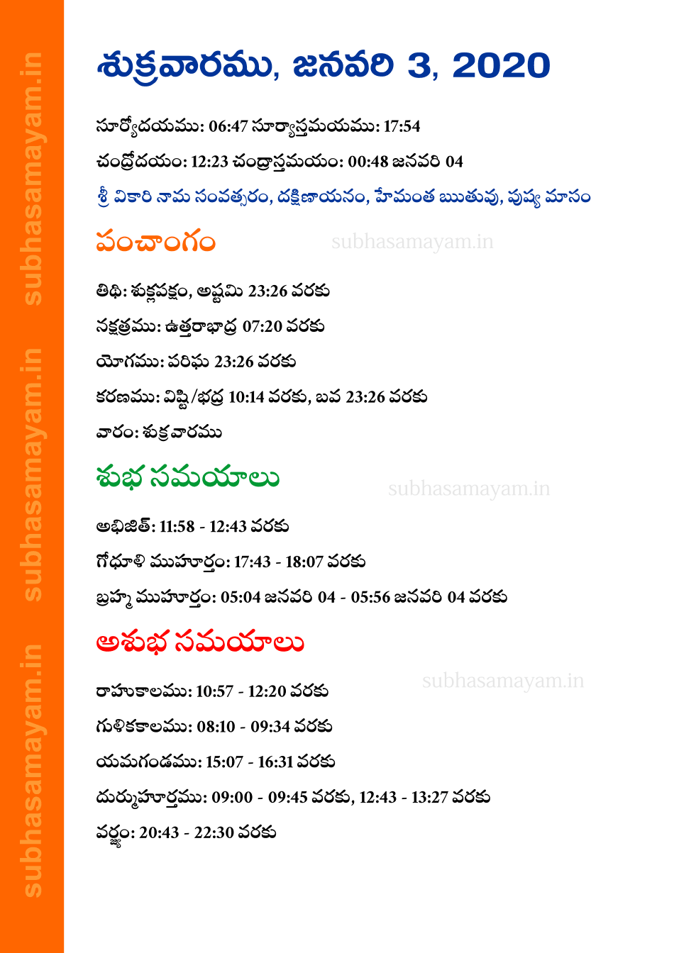 Telugu Panchangam January 3, 2020