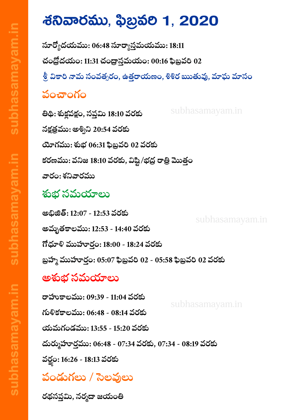 Telugu Panchangam February 1, 2020
