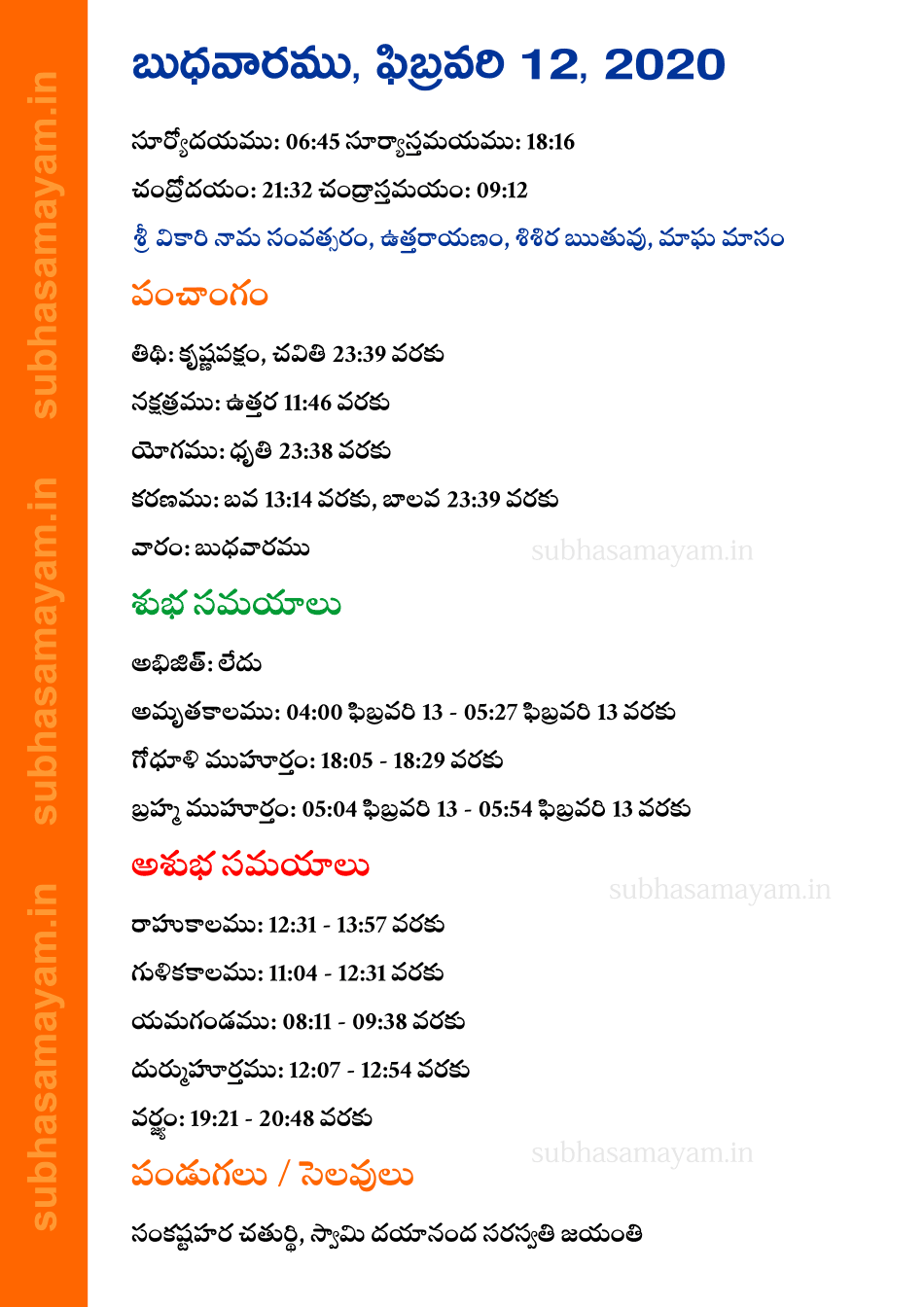 Telugu Panchangam 12 February 2020