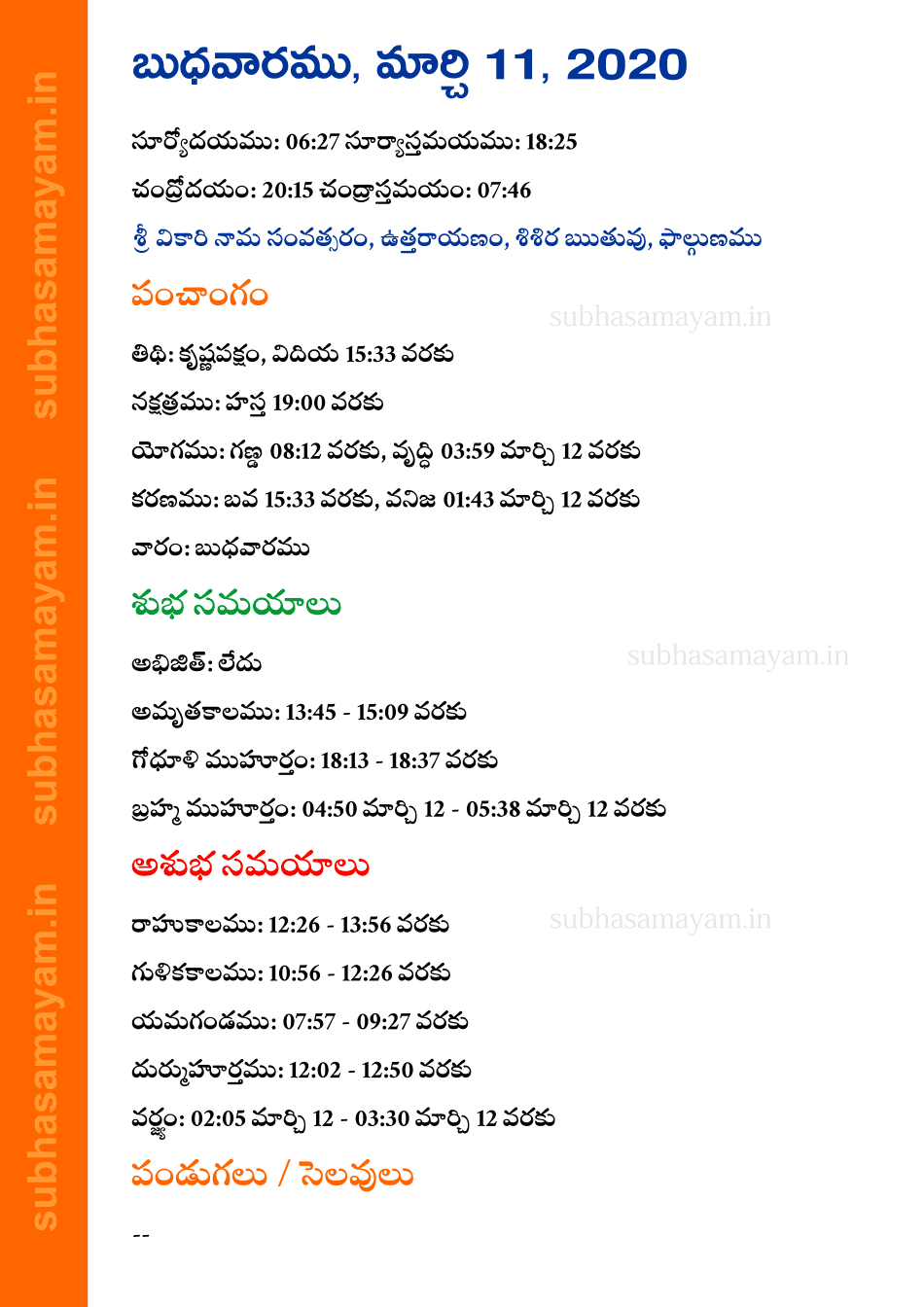 Telugu Panchangam 11 March 2020