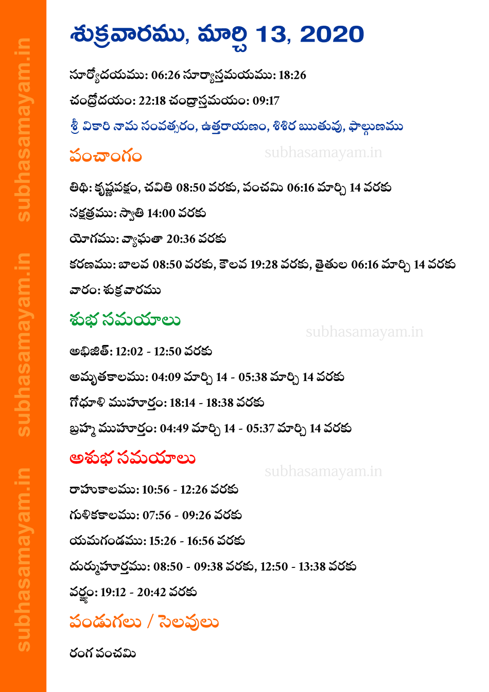 Telugu Panchangam 13 March 2020