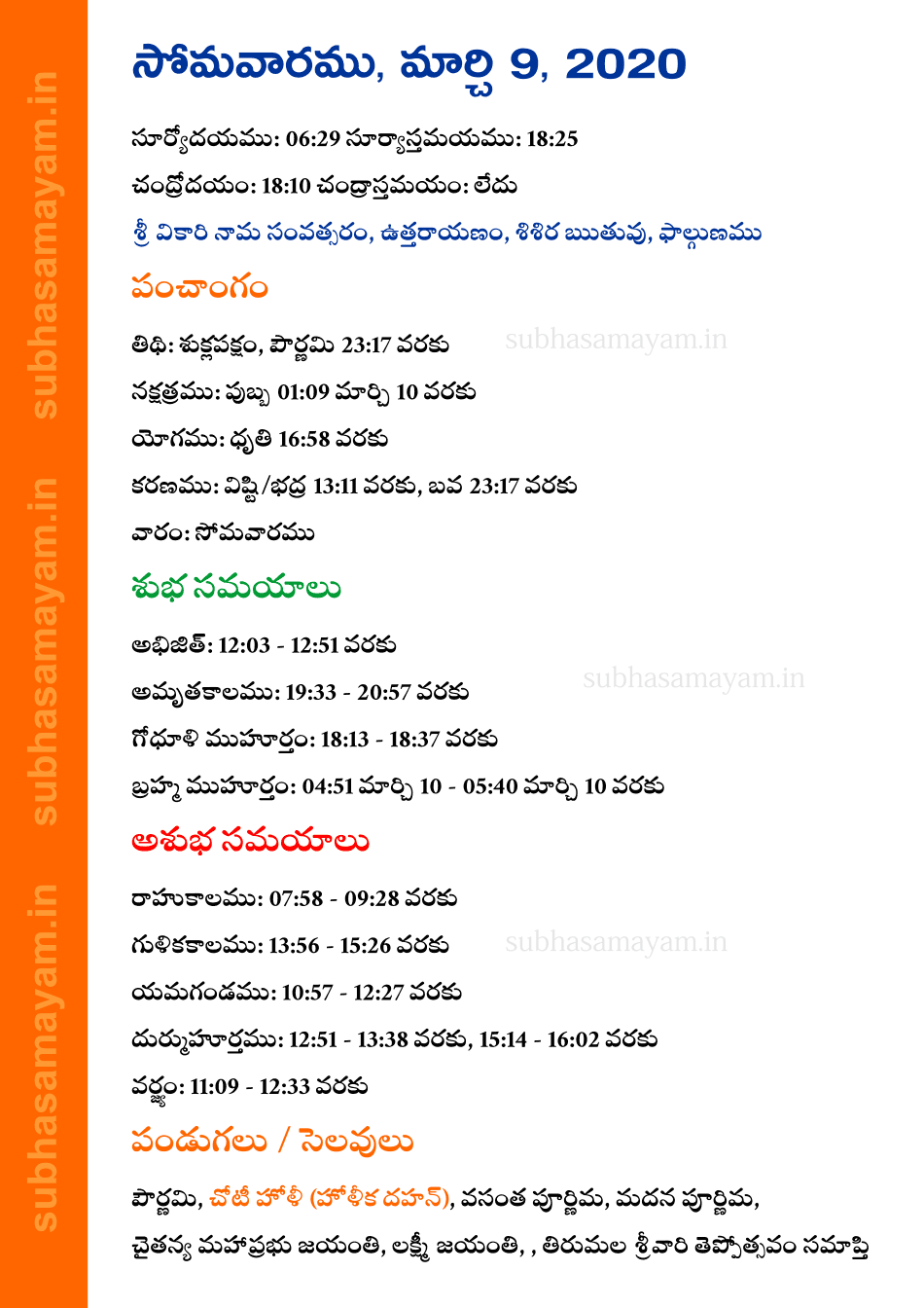 Telugu Panchangam 9 March 2020