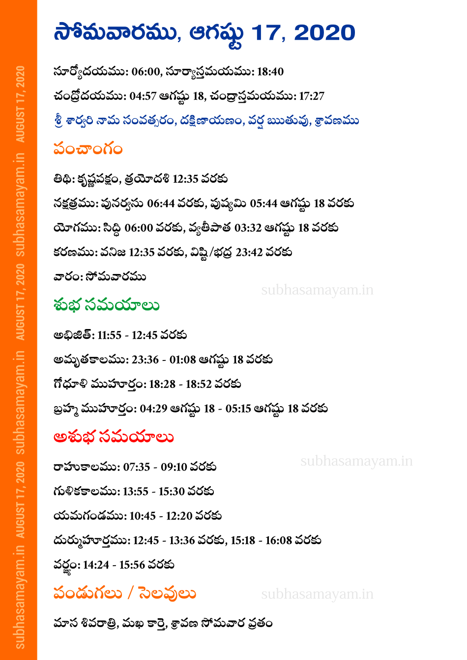 Telugu Panchangam 17 August 2020