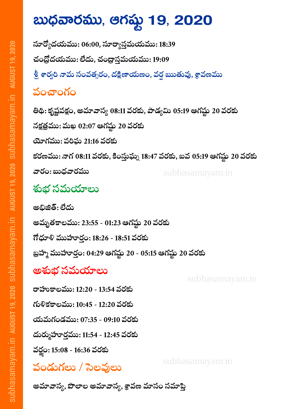 Telugu Panchangam 19 August 2020