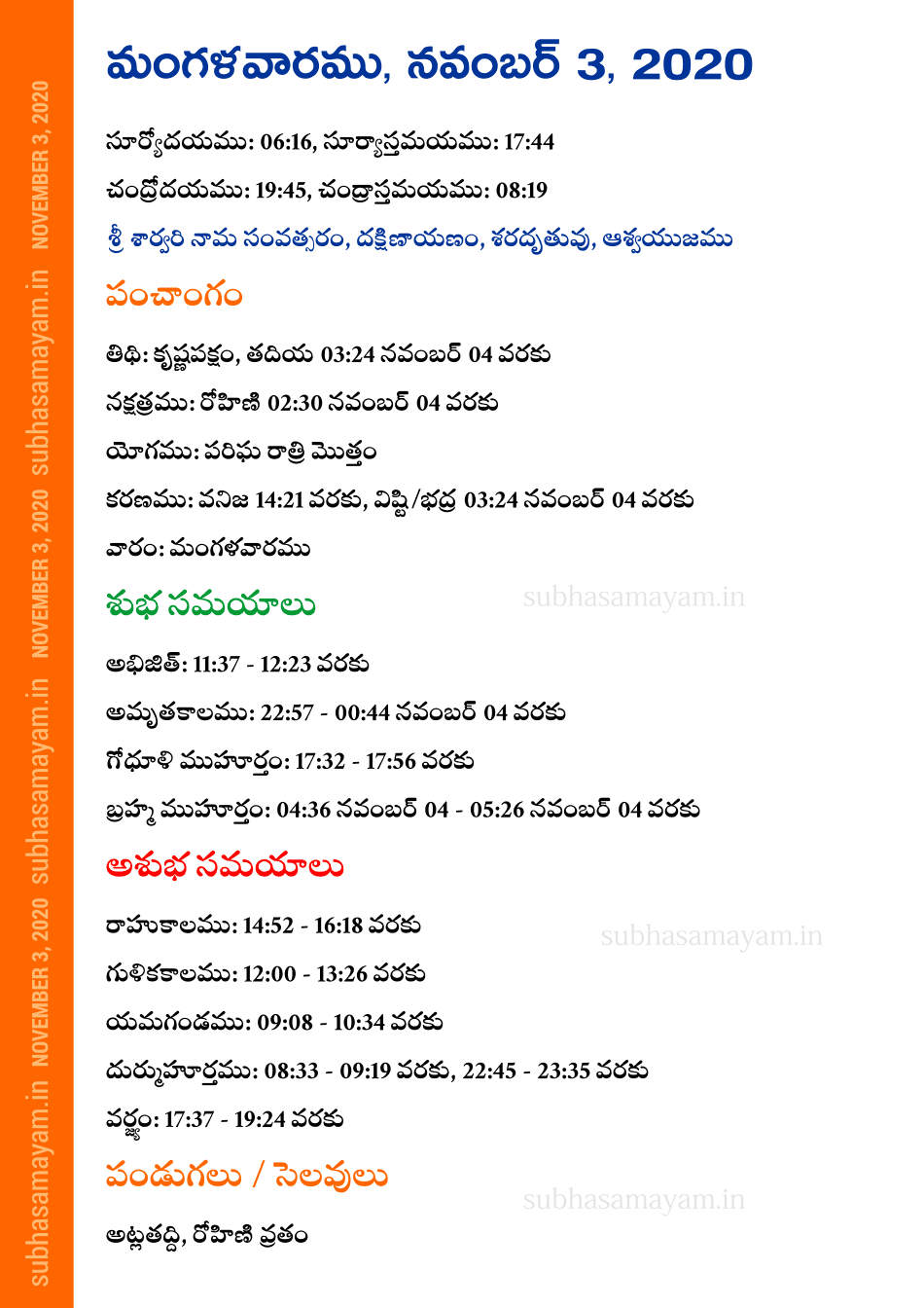 Telugu Panchangam November 3, 2020