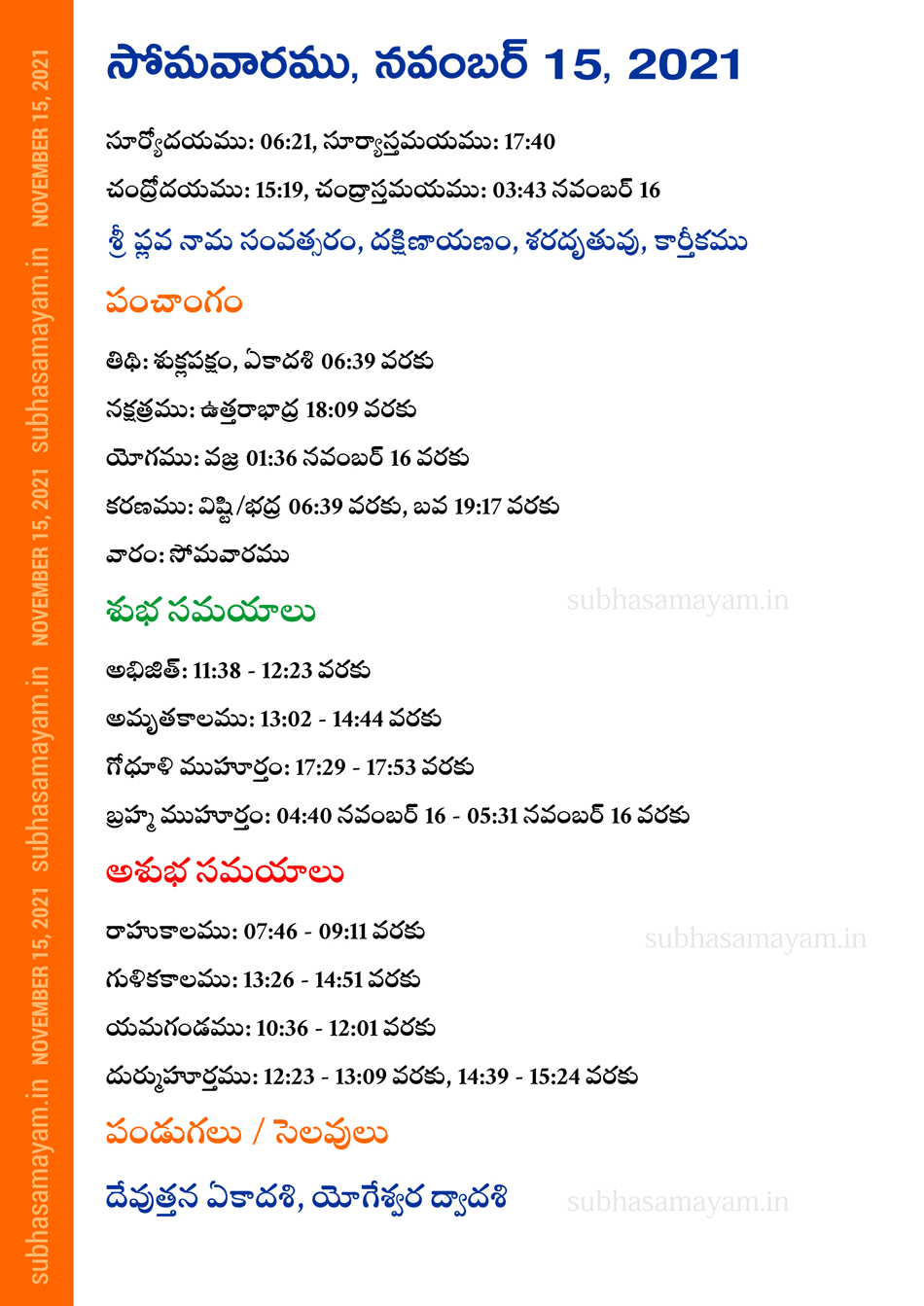 Telugu Panchangam 15 November 2021